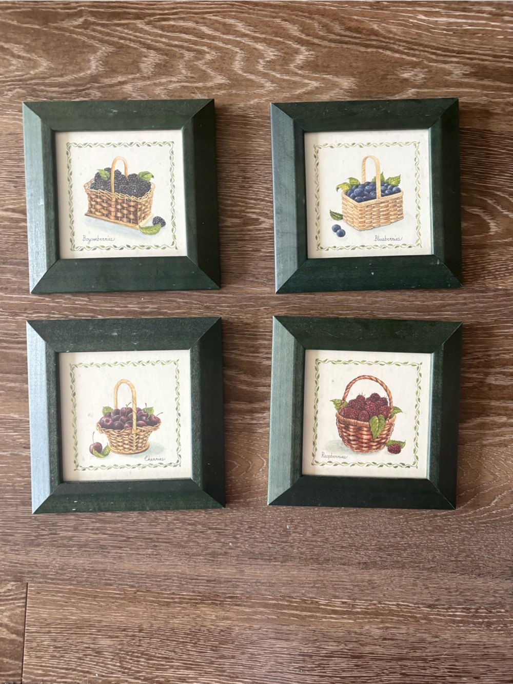 Set of 4 Vintage Peggy Jo Ackley Basket Berries Prints Green Frames